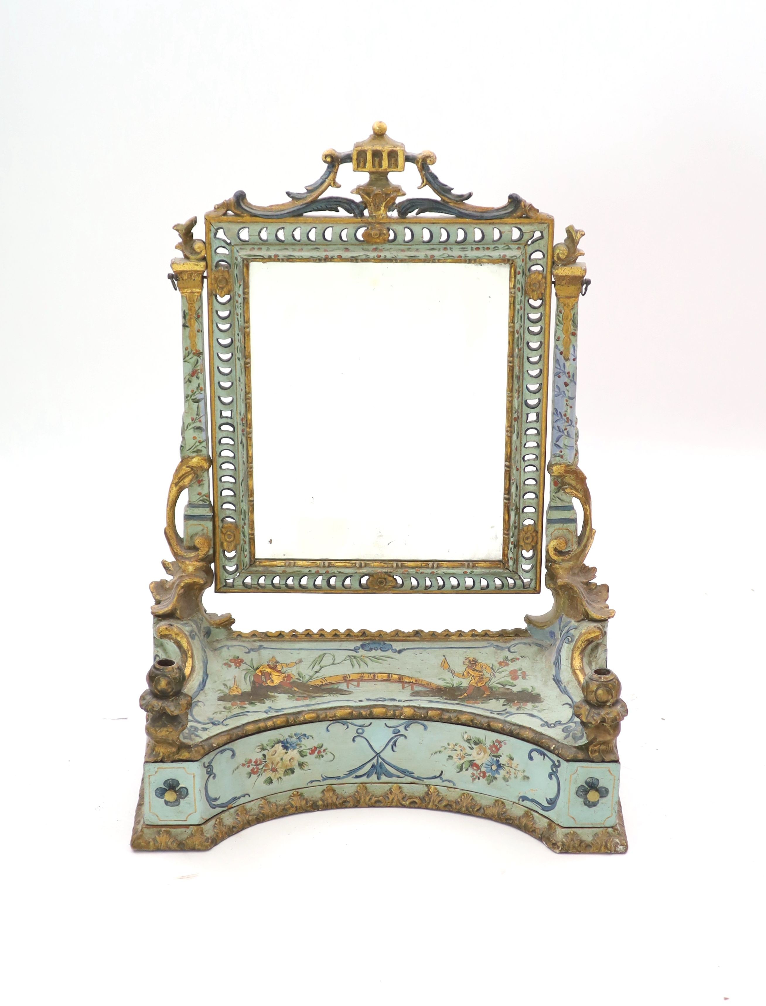 An 18th century Venetian painted pine toilet mirror H 90cm. W 64cm. D 26cm.